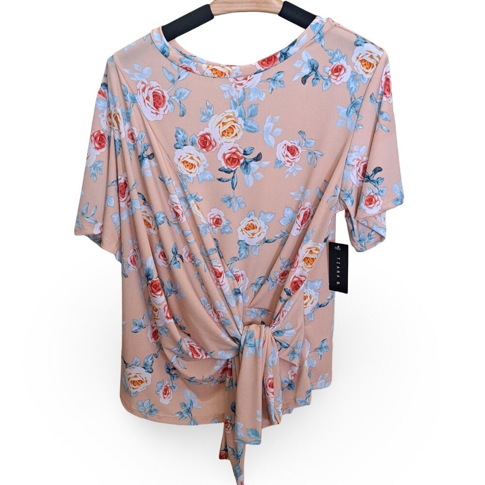 Tiana B. Floral Front-Tie Short Sleeve Top Size 2X Peach Pink Casual Blouse NWT - Picture 2 of 12